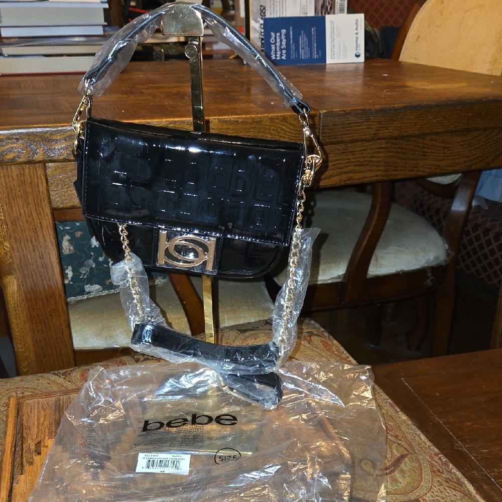 BEBE Alexandra Black Patent Vegan Leather Shoulder Bag MSRP $69 NWT